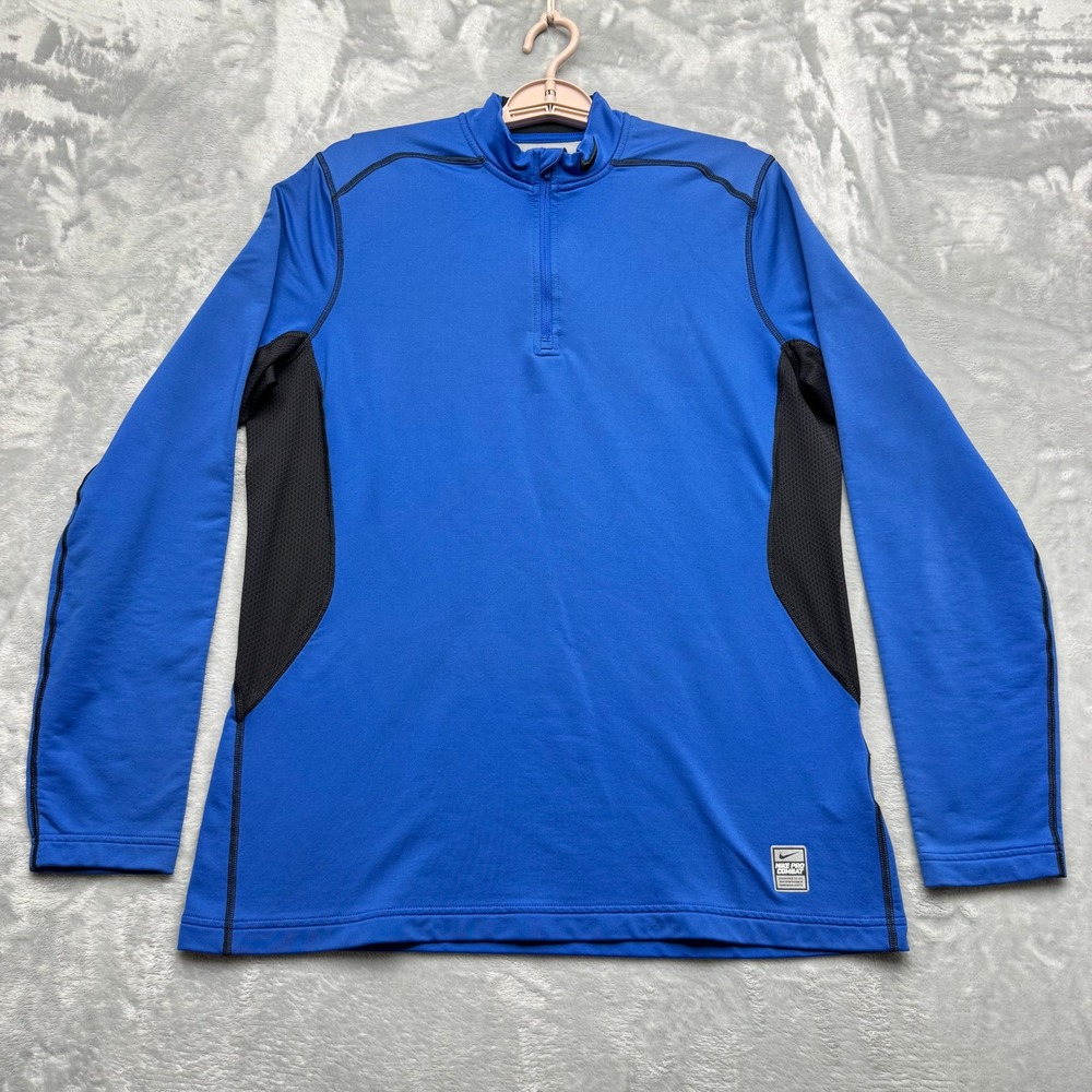 Nike Pro Combat Hyperwarm Mens Large Blue 1/4 Zip Pullover 543596-494 Mock Neck